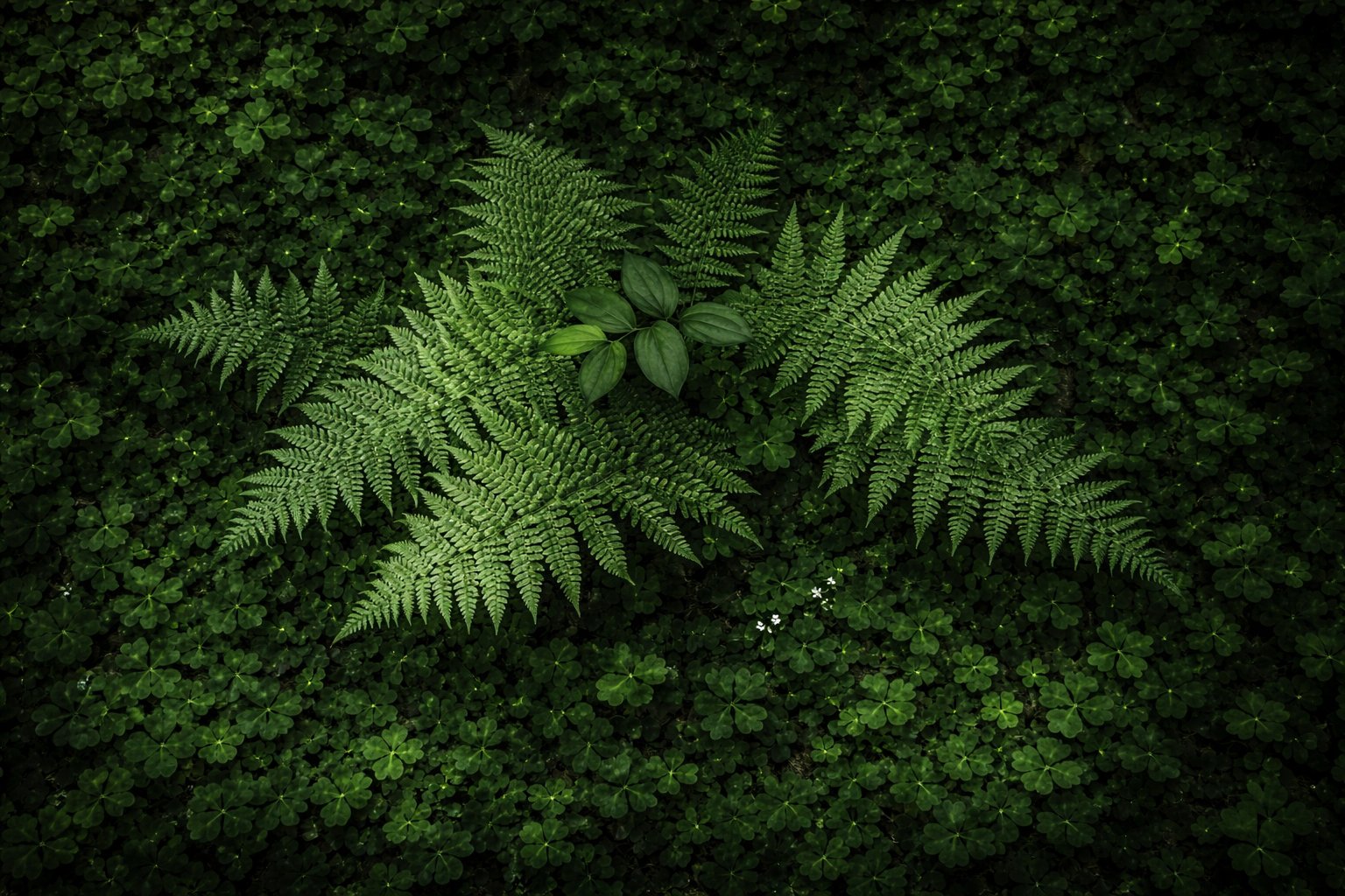Ferns and clover seen from above in lush natural light